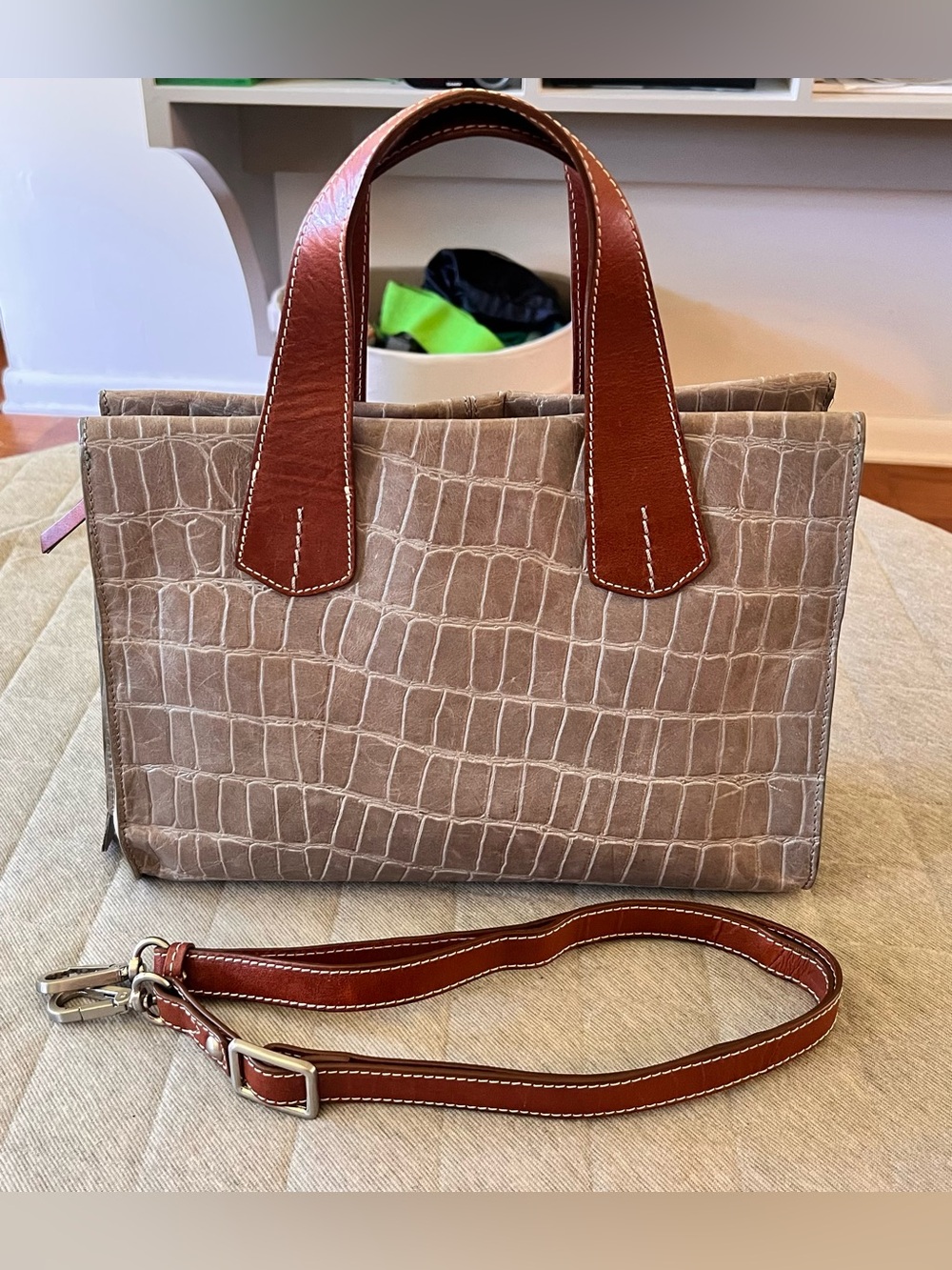 NINA BOSSI Croc Embossed Gray Leather Bag with Brown Leather Crossbody Strap